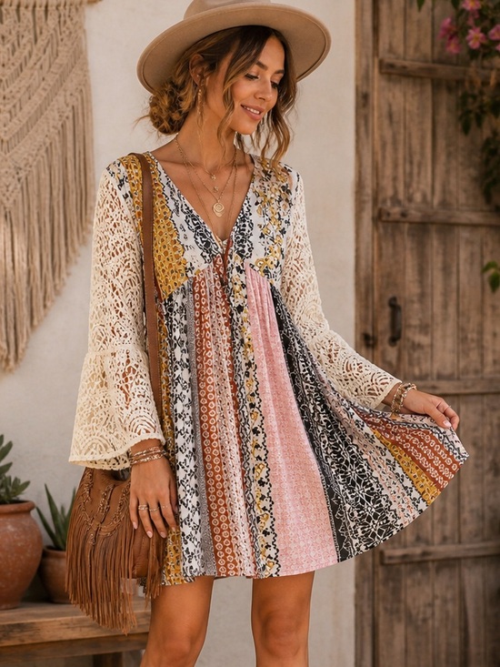 Kori Dresses & Skirts - Boho Patchwork Lace Sleeve Mini Dress Bell Sleeve Bohemian Boutique Dress Size